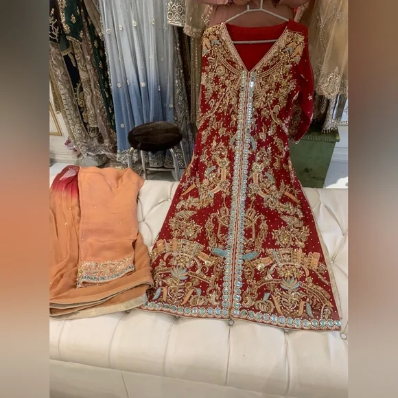 green emerald velvet dress AJR Regalia: Maroon Pakistani Bridal Dress